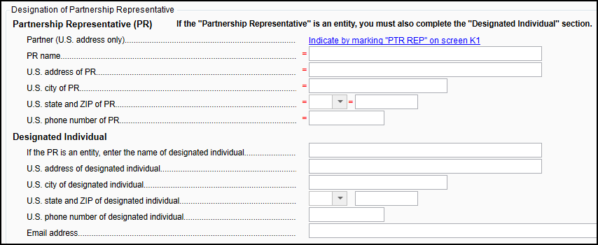 Image of "Designation of Partnership Representative" section on screen B